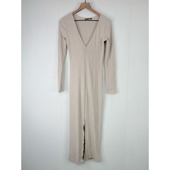 Zara Ribbed Bodycon Midi Dress Medium Cream Split Front Long Sleeve - Picture 3 of 10